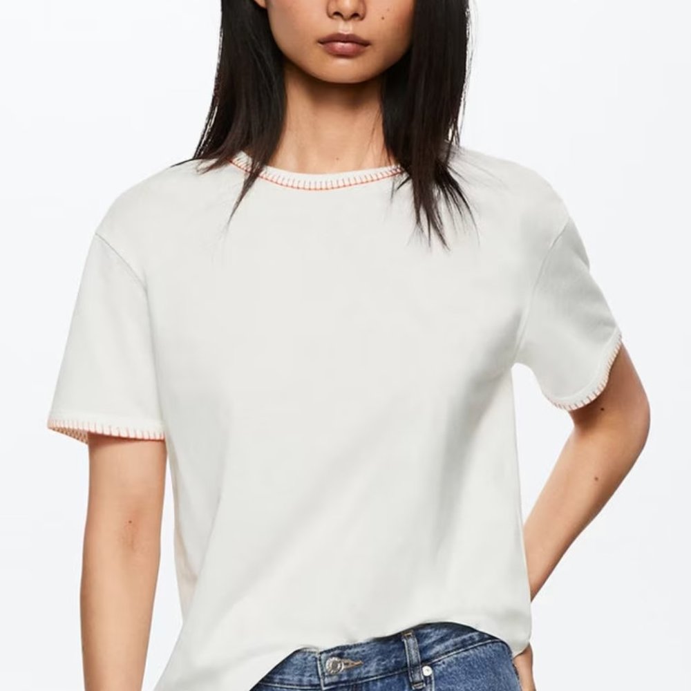 Mango - Embroidered Cotton Shirt - Size XXL - White/Orange